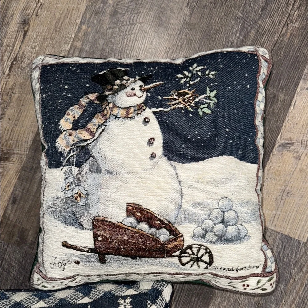 Festive Tapestry Snowman Holiday Pillows - Navy and White set of 2
